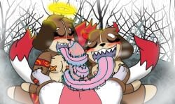 angel_halo assisted_fellatio captured catalina_darion demon_girl demon_horns female girl horns kirsune knot long_tongue nipples pov sharp_teeth super_animal_royale threesome tongue_job