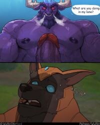 2boys alistar angry angry_face big_penis canid canine canis ear ears_up gay huge_cock league_of_legends muscular muscular_anthro muscular_arms muscular_male nasus nipples penis purple_body purple_skin riot_games shadow tagme wulfer-shepherd