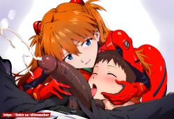 1girls 2boys ai_generated asuka_langley_sohryu bisexual bisexual_male blowjob dark-skinned_male dark_skin dittoseeker female_supporting_yaoi humiliation interracial light-skinned_female neon_genesis_evangelion shinji_ikari straight threesome