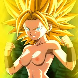 blonde_hair caulifla dragon_ball_super green_eyes looking_at_viewer medium_breasts nekom14 nipples super_saiyan topless universe_6/universe_7 universe_6_girls