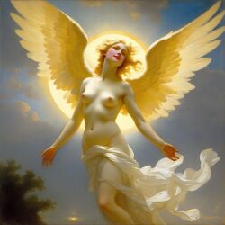 abstract ai_generated angel angel_wings belly blonde_hair blue_eyes breasts clouds curly_hair curvy female halo lips long_hair medium_breasts navel nipples nude presenting realistic sky smile solo sun william_bouguereau wings