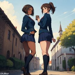 ai_generated black_socks blue_skirt brown_loafers brown_shoes camilla_marx clothed_futa clothed_futanari dark-skinned_futanari dark_skin enjuuji knee_socks kneehighs kneesocks light-skinned_futanari light_skin loafers outdoors plant ponytail red_tie school_uniform shoes short_hair socks socks_and_shoes stephanie_caxton thighs town tree village watermark