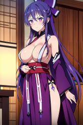 ai_generated ass breasts date_a_live dress exposed_breasts light-skinned_female purple_eyes purple_hair yatogami_tohka