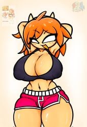 arms_behind_head belly erect_nipples erect_nipples_under_clothes friday_night_funkin happy hard_nipples huge_breasts mango_quaver_(female) oc orange_hair original_character p.legacy_fnf powerblueflower shorts slim_waist tagme thick_thighs white_eyes wide_hips