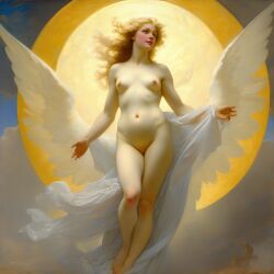 abstract ai_generated angel angel_wings belly blonde_hair blue_eyes breasts clouds curly_hair curvy female halo lips long_hair medium_breasts navel nipples nude presenting realistic sky smile solo william_bouguereau wings