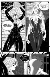 arms_up black_cat_(marvel) bodysuit bondage cameltoe comic comics dialogue domino_mask felicia_hardy femsub gwen_stacy gwenom hood imminent_rape impossible_clothes marvel marvel_comics mask masked masked_female medium_breasts monochrome muscular_female naranjou outdoors restrained sharp_teeth she-venom spider-gwen spider-man_(series) straight_hair superheroine supervillain symbiote venom_(marvel) web web_bondage