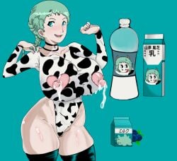 atlus big_breasts blush cow_girl cow_print female female_focus female_only fuuka_yamagishi heart_cutout hucow huge_breasts lactating lactation milk milk_squirt nipple_cutout nipples persona persona_3 smiling thick thick_thighs wankofool yamagishi_fuuka