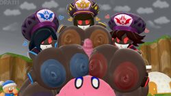 1boy 2023 3d 3girls anger_vein big_breasts black_body black_hair breasts colored_nipples dra111_(artist) dragon316 flamberge_(kirby) francisca_(kirby) hat heart huge_breasts kirby kirby_(series) kirby_star_allies large_breasts large_penis nintendo nipples paizuri penis pink_body precum red_eyes the_three_mage_sisters triple_paizuri zan_partizanne