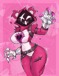 animal_ears bear bear_ears belt big_breasts blush claws fortnite garp_sand gauntlets gloves glowing_eyes heart hood hourglass_figure large_breasts pink_fur raven raven_team_leader scar_across_eye slim_waist stitch_(sewing) thick_thighs thighs thin_waist wide_hips