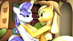 2017 2girls 3d anthro anthroponiessfm applejack_(mlp) better_version_at_source breasts digital_media equine eye_contact female female_only friendship_is_magic hands_on_hips hands_on_shoulders horn mammal my_little_pony nude rarity_(mlp) source_filmmaker unicorn yuri