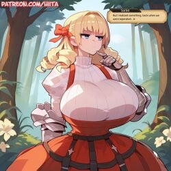 ai_generated armored_dress blonde_hair blue_eyes english hiita_(hitta_99) huge_breasts scarlett_(unicorn_overlord) text unicorn_overlord vanillaware