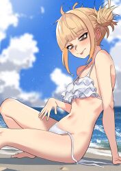 bangs bare_shoulders beach belly_button bikini bikini_bottom bikini_top blonde_hair blunt_bangs frilly_clothing himiko_toga my_hero_academia navel sticking_out_tongue swimsuit tongue tongue_out water yellow_eyes zd_(pixiv6210083)