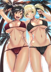 2girls belly black_hair blonde_hair breasts brown_eyes brown_hair cleavage female female_only furisode_girl_(pokemon) furisode_girl_kali furisode_girl_karen furisode_girl_katherine furisode_girl_kirika huge_breasts human looking_at_viewer midriff multiple_girls navel nintendo npc_trainer outdoors palm_tree pokemon pokemon_xy side_ponytail sideboob smile takecha thigh_gap underboob yellow_eyes