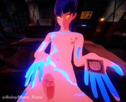 3d 3d_model blue_hair condom condom_wrapper femboy long_hair male male_only nahobino_(smt) nude_male protagonist_(shin_megami_tensei_v) rainyblues_kami shin_megami_tensei shin_megami_tensei_v video_game video_game_character yellow_eyes