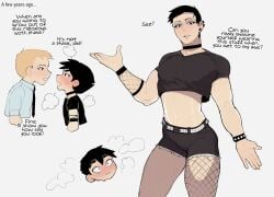 2boys black_eyes black_hair blonde_hair blush cheesecrumbles choker cute_male dad_(cheesecrumbles) dialogue dilf english_text father_and_son femboy_dilf goth goth_boy heavy_blush hi_res looking_at_viewer male male_only simple_background son_(cheesecrumbles) speech_bubble white_background