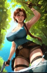 1girls armpits belt belt_buckle big_breasts braid braided_hair brown_eyes brown_hair cleavage cleavage_cutout clothed clothing curvy cute exploration forest from_below gun holster lara_croft lara_croft_(classic) large_breasts lips long_hair luminyu muscular muscular_female nipples_visible_through_clothing patreon patreon_username pistol shorts solo tank_top thick_thighs thighs tight_clothing tomb_raider toned toned_female water white_skin