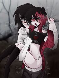 2boys black_eyes black_hair black_socks blue_eyes cardigan clothed_sex creepypasta crop_top drooling emo emo_boy femboy forest holding_legs jacket jeff_the_killer male_only moaning monster_on_femboy nightmare_husbando oc_x_canon open_mouth pale_skin piercing red_hair rotten rotten4c self_insert self_upload smiling split-color_hair stockings submissive tattoo twink white_hoodie