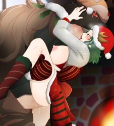 1boy 1girls areolae bane_perez blush breasts censored clothed demi_bourbon female green_hair hat huge_breasts identity_v kissing kissing_while_penetrated legs_up male mittens mitukurimeg mosaic_censoring nipples penetration penis red_eyes santa_hat sex short_hair socks text