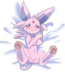 2023 3_fingers 4_toes anthro bed bodily_fluids breasts cum eeveelution espeon feet female fingers furniture generation_2_pokemon genital_fluids half-closed_eyes hi_res joeri_kunisaki leaking_cum lying lying_on_bed narrowed_eyes navel nintendo nipples on_back on_bed pawpads pokemon pokemon_(species) purple_eyes solo spread_legs spreading tail toes