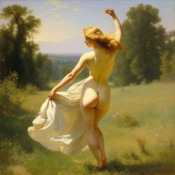 ai_generated ass back back_view big_ass blonde_hair curly_hair curvy field lips long_hair meadow nude presenting realistic small_breasts smile solo sun william_bouguereau