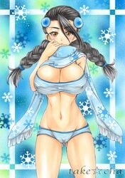 1girls abs belly black_hair blue_bra blue_panties blue_striped_panties bra braids brown_eyes cameltoe candice_(pokemon) erect_nipples female_only huge_breasts human human_only midriff nintendo panties pokemon pokemon_bw2 pokemon_dppt sketch striped_bra striped_panties takecha text twintails watermark