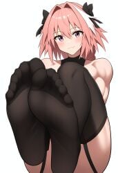 1boy 1femboy 2024 ai_generated androgynous astolfo_(fate) better_than_girls black_legwear black_socks blush fate/grand_order fate_(series) feet femboy foot_fetish foot_focus fuealahomg highres looking_at_viewer male male_focus male_only muscular no_shoes novelai otoko_no_ko pink_eyes pink_hair pov presenting presenting_feet short_hair smile smiling_at_viewer sock_fetish socks soles solo stable_diffusion stockings thighhighs toes toned trap white_background