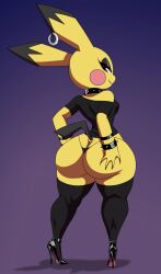 1girls anthro ass black_thighhighs brown_eyes cheek_spots crovirus earrings female female_only g-string generation_2_pokemon hands_on_ass hands_on_own_ass heels high_heels looking_at_viewer looking_back looking_back_at_viewer narrowed_eyes nintendo pichu pokémon_(species) pokemon rear_view smiling smiling_at_viewer solo spiked_bracelet spiked_collar thick_thighs thighhighs thong very_high_resolution