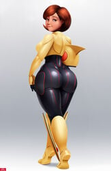 1girls ass ass_focus big_ass big_hero_6 bodysuit bottom_heavy cosplay curvy dat_ass disney female female_focus female_only gogo_tomago_(cosplay) helen_parr jlullaby marvel marvel_comics milf pixar shiny shiny_suit short_hair smooth_skin standing the_incredibles tight_clothes