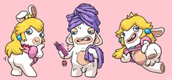 anthro ass backsack balls blonde_hair blue_eyes cellphone clothed clothing clothing_lift crossdressing crown dress dress_lift flaccid hair hi_res holding_object holding_phone looking_at_viewer looking_back male mario_(series) mario_+_rabbids mario_+_rabbids:_kingdom_battle nicolaibunny penis phone rabbid rabbid_peach raving_rabbids simple_background towel