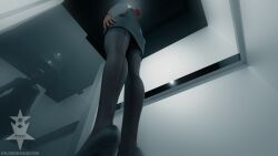 3d 3d_(artwork) ass black_high_heels black_stockings calves elevator feet_up female from_behind from_behind_angle garter_straps high_heels indoors office office_lady pencil_skirt red_hair secretary shirt skirt solo solo_female stockings thighs