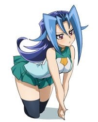 1girls blue_hair blush breasts clothing dntks edit female hi_res huge_breasts kamishiro_rio legwear long_hair pose red_eyes rio_kamishiro round_breasts school_uniform skirt solo thick_legs white_background yu-gi-oh! yu-gi-oh!_zexal