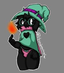 clovedex_(artist) condom condom_accessories deltarune exhibitionism femboy magic panties pink_panties ralsei ralsei_with_black_fur small_penis