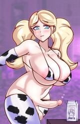 1futa ann_takamaki balls better_version_at_source big_breasts big_penis bikini blonde_hair bottomless breasts clothed clothing cow_print elbow_gloves erection futa_only futanari gloves human karfound light-skinned_futanari light_skin long_hair lowres milk milk_carton mostly_nude penis persona persona_5 solo standing thighhighs thumbnail twintails