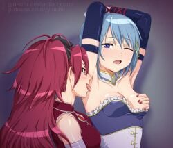 2girls armpit_fetish armpit_licking armpit_sniffing armpits blue_eyes blue_hair breast_grab breasts female female_only human jyuichi licking licking_armpit long_hair mahou_shoujo_madoka_magica miki_sayaka multiple_girls puella_magi_madoka_magica red_eyes red_hair sakura_kyouko short_hair young yuri