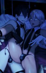 2boys black_hair blue_eyes bowtie bulge earrings femboy girly gloves looking_at_viewer morino_bambi necktie thong tongue tongue_out trap white_hair