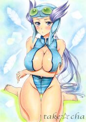 1girls bare_shoulders bodysuit breasts cleavage crossed_arms feet female_only helmet huge_breasts human human_only kneeling looking_at_viewer nintendo pokemon pokemon_oras pokemon_rse purple_eyes purple_hair sketch takecha text thigh_gap toes watermark wide_hips winona_(pokemon) winona_(pokemon_oras)