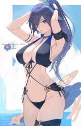 1girls 2024 2d 2d_(artwork) alternate_costume alternate_hairstyle artist_request belly_button big_breasts bikini bikini_bottom bikini_top blue_hair cleavage clorinde_(genshin_impact) female female_focus female_only front_view genshin_impact hair_over_one_eye high_resolution highres hourglass_figure light-skinned_female light_skin long_hair mature mature_female navel ocean ponytail purple_eyes purple_hair revealing_swimsuit sexy slim_girl solo solo_female solo_focus standing summer swimsuit thong thong_bikini two_piece_swimsuit water