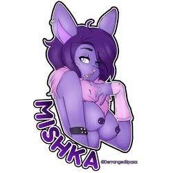 2017 anthro blue_eyes breasts bunneh chimera clothed clothing derrangedspazz ear_piercing english_text fangs female fur hair hi_res hybrid mishka_(tsumeyifu) neck_tuft nipple_piercing nipples nude piercing purple_fur purple_hair signature simple_background solo text topless tuft white_eyes