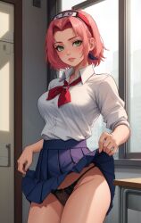 1girls ai_generated female female_only flashing_panties human lifted_by_self lifting_skirt naruto naruto_(series) pink_hair public public_indecency sakura_haruno school school_uniform schoolgirl schoolgirl_uniform short_hair showing_panties skirt solo standing thong