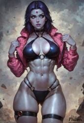 1girls abs ai_generated ass_visible_through_thighs bikini black_bikini breasts choker colored_skin cropped_jacket dc dc_comics forehead_jewel grey_skin jacket large_breasts lips looking_to_the_side muscular navel o-ring o-ring_bikini o-ring_bottom open_clothes open_jacket philon pink_jacket purple_eyes purple_hair rachel_roth raven_(dc) shiny_skin skindentation solo stable_diffusion swimsuit thick_thighs thigh_strap thighs toned