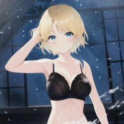 ai_generated arm_behind_head blue_eyes breasts chris day_when_world_become_free light_hair looking_at_viewer night short_hair underwear