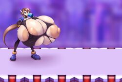 aile breast_expansion bursting_breasts bursting_clothes drink drinking gigantic_breasts hand_on_hip hyper_breasts mega_man mega_man_zx metachoke one_eye_closed ripped_clothing sequence stage