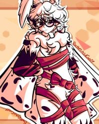 1boy artist_name batteryacidcandy black_and_white_fur black_eyes blush femboy fur glasses kemonomimi moth moth_boy neck_tuft oc_request penis red_ribbon requested ribbon ribbon_bondage ribbon_on_penis roblox roblox_avatar robloxian self_upload solo watermark white_and_black_hair