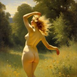 ai_generated ass back back_view big_ass blonde_hair curly_hair curvy field lips long_hair meadow nude presenting realistic small_breasts smile solo sun william_bouguereau