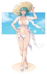 1girls cleavage dead_or_alive dead_or_alive_xtreme_venus_vacation female green_eyes green_hair konishiki_(52siki) large_breasts looking_at_viewer platform_footwear solo straw_hat swimsuit tamaki_(doa)