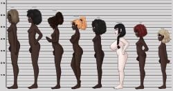 1woman 7futas black_hair busty dark-skinned_futanari futanari height_chart large_breasts miss_trust ms_trussed naked_female nude original_character original_characters pale-skinned_female pubic_hair umeyiyo vanessa_trust