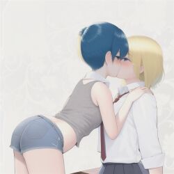 ai_generated ass ass_focus big_breasts blue_eyes blue_hair chris clothed day_when_world_become_free eyes_open full_body hami kissing lesbian_kiss light_hair open_eyes short_hair small_breasts yuri