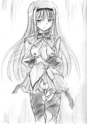 1girls akemi_homura black_and_white breasts female human human_only magical_girl mahou_shoujo_madoka_magica monochrome puella_magi_madoka_magica sketch small_breasts solo solo_female solo_focus torn_clothes