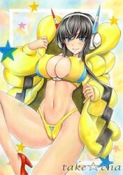 1girls abs belly black_hair blue_eyes blush breasts coat elesa_(pokemon) elesa_(pokemon_bw2) female_only gym_leader headphones high_heels huge_breasts human human_only long_hair looking_at_viewer navel nintendo pokemon pokemon_bw pokemon_bw2 shoes sketch smile solo solo_female spread_legs takecha text thin_waist watermark