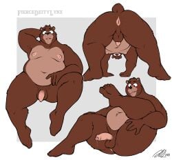 5_toes absurd_res anthro anus areola ass backsack balls bear biped bodily_fluids brown_body brown_fur countershade_fur countershade_torso countershading feet fiercedeitylynx fingers foreskin fur genital_fluids genitals glans hi_res humanoid_genitalia humanoid_penis male mammal overweight overweight_anthro overweight_male penis perineum precum solo tail text toes